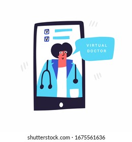 Virtual doctor app hand drawn vector illustration. Professional physician, general practitioner cartoon character. Mobile consultation, smart medical assistance. Modern telemedicine, e health concept