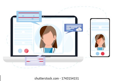 Virtual doctor app. Vector flat illustration. Laptop and phone screen with woman therapist on chat messenger. Consultation, smart medical assistance. Online telemedicine, ehealth, clinic web site, app