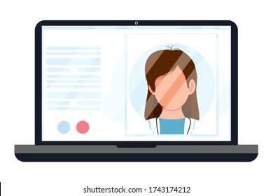 Virtual doctor app. Vector flat illustration. Laptop screen with woman therapist on chat in messenger. Consultation, smart medical assistance. Online telemedicine, ehealth, clinic web site, app