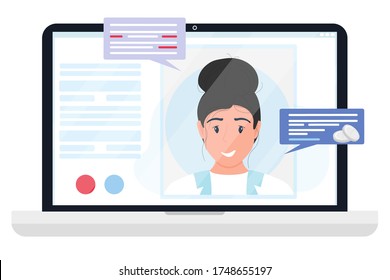 Virtual doctor app. Vector flat illustration. Laptop screen with woman therapist on chat in messenger. Mobile consultation, smart medical assistance. Online telemedicine, ehealth, clinic web site, app