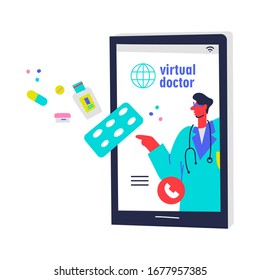 Virtual doctor app vector illustration. Professional physician, general practitioner cartoon character. Mobile consultation, smart medical assistance. 