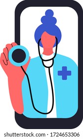 Virtual doctor app vector illustration. Professional physician with stethoscope or phonendoscope, general practitioner cartoon character. Mobile consultation, smart medical assistance. 