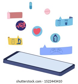Virtual doctor cartoon flat style. Mobile device with medicine icons for medical assistance via internet. Vector Illustration.