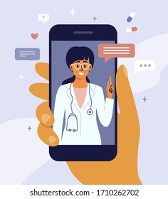 Virtual doctor concept. Consultation of healthcare specialist on mobile app. Online medical support, call to doctor service. Female professional physician. Hand holding smartphone. Vector illustration