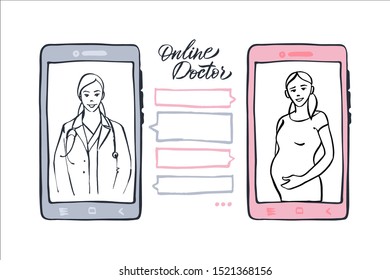 Virtual doctor concept. Observation and consultation of an online pregnant woman. Hand drawn vector illustration.