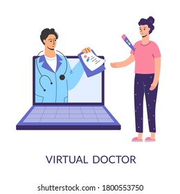 Virtual doctor. Get sick leave online using your laptop. Self-isolation, quarantine, pandemic. Mobile consultation, competent medical assistance. Modern telemedicine,
cartoon character, vector.