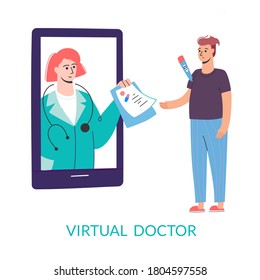 Médico virtual. Licencia por enfermedad en línea usando tu smartphone. Autoaislamiento, cuarentena, pandemia. Consulta móvil, asistencia médica inteligente. Telemedicina moderna, 
personaje de dibujos animados, vector.