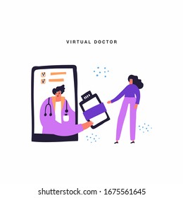 Imagen plana vectorial dibujada a mano por el médico virtual. Personajes de caricaturas de médicos profesionales y pacientes. Consulta médica en línea, asistencia médica remota. Telemedicina, concepto de salud electrónica