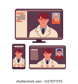 Virtual doctor on gadget display. Mobile phone, tablet, computer monitor. Video calling. Online medical consultation. Vector illustration in flat style.