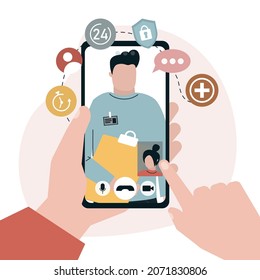 Virtual doctor on phone. Woman calling physician to get online diagnosis and prescription. Girl video call doctor. Patient consultation to doctor via smartphone. Medical support. Vector illustration