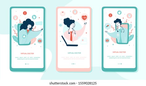 Virtual doctor onboarding mobile app page screens set