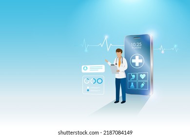 Virtual doctor, online hospital, online consultation. Doctor on smartphone diagnosis patient health problem. Medical service and healthcare innovation technology concept.
