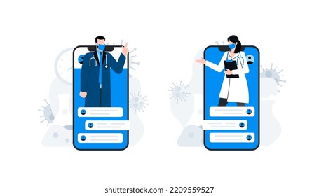 Virtual doctor. Online medical consultation via smartphone. Conceptual vector illustration. Animation ready, duik friendly.