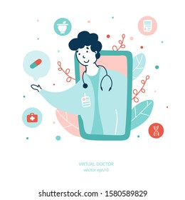 Virtual doctor, online medical services flat vector illustration