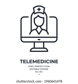 Virtual doctor and telemedicine concept editable stroke outline icon isolated on white background flat vector illustration. Pixel perfect. 64 x 64.