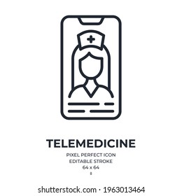 Virtual Doctor And Telemedicine Concept Editable Stroke Outline Icon Isolated On White Background Flat Vector Illustration. Pixel Perfect. 64 X 64.