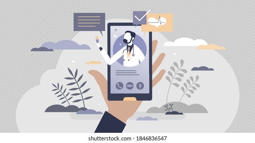 Virtual doctor videocall for distant health consultation tiny person concept. Medical recommendations and illness prescription suggestments with phone call as instant medic answer vector illustration