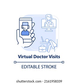 Virtual Doctor Visits Light Blue Concept Icon. Telehealth Care. Mental Health At Work Abstract Idea Thin Line Illustration. Isolated Outline Drawing. Editable Stroke. Arial, Myriad Pro-Bold Fonts Used