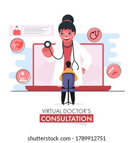 Virtual Doctor's Consultation Concept Based Poster Design With Cartoon Woman Doctor Examining Patient By Stethoscope In Laptop.