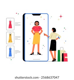 Virtual Dressing Room On Smartphone With Female Avatar And Customer Interaction. Flat Vector About Online Shopping, Fashion Try-On, And Technology, Isolated On White Background.