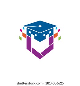 Virtual Education Logo. Letter V With Toga Hat And Pixel Shape Logo Concept For Online School, University And Technology Digital