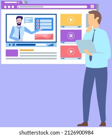 Virtual education and online practice concept. Man uses tablet for connection with teacher or tutor. Person watching videos with explanation. Student looks at screen with video tutorial, online lesson