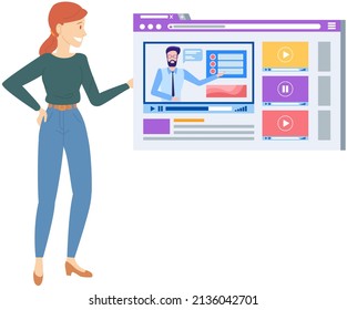 Virtual education and online practice concept. Woman uses Internet for connection with teacher or tutor. Lady watches video with explanation. Student looks at screen with video tutorial, online lesson