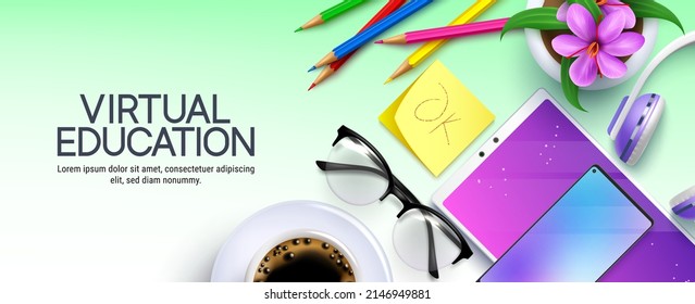 Virtual education vector background design. Virtual education text in copy space with tablet, phone and headphones devices for back to school online education. Vector illustration.
