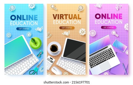 Virtual education vector poster set design. Online education text with tablet, phone, laptop and keyboard device elements in colorful background collection for e-learning course study.