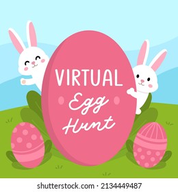 Virtual Egg Hunt Cute Illustration with Egg and Rabbit. Cute and colorful Easter Day Background with Cartoon Style Rabbit