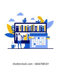 Virtual e-library concept with character. Digital bookshelves, online reading, book store, literature university. Modern flat style for landing page, mobile app, infographics, hero images.