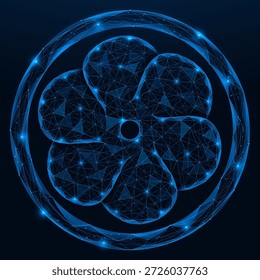 A virtual energy rotor. Six geometric blades form a rotating energy module. The concept of the energy generation and distribution cycle. Polygonal design, blue background.