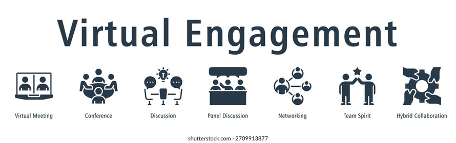 Virtuelles Engagement Web-Banner-Symbol Vektorgrafik-Konzept mit Symbol für virtuelles Treffen, Konferenz, Diskussion, Podiumsdiskussion, Netzwerk, Teamgeist und Zusammenarbeit.
