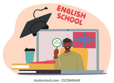 Virtual English School Setting With Online Lessons And A Motivated Teacher Interacting Through Video Call. Educational Materials And A Graduation Cap Symbolize Learning Success. Vector Illustration