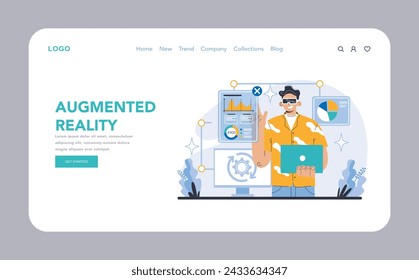 Virtual Enhancement web or landing page. Augmented reality for interactive data analysis and visualization. User engaging with stats and graphs in a digital space. Innovative visual computing.