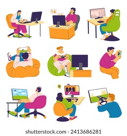 Virtual environment, entertainment and fun. People play cyberspace games on various digital gadgets. Different platforms for gaming. Leisure and weekends activities of teenager. Vector in flat style