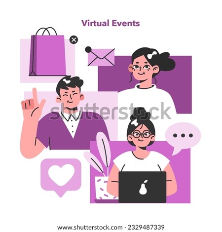 Virtual event. Celebration or promotional party as digital commerce pr campaign. Communication and loyalty building with brand targeted audience. Flat vector illustration