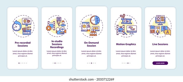 Virtual event content onboarding mobile app page screen with concepts. Pre-recorded, live sessions walkthrough 5 steps graphic instructions. UI, UX, GUI vector template with linear color illustrations