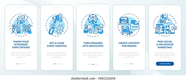 Virtual event marketing tips onboarding mobile app page screen with concepts. Speakers, hashtag walkthrough 5 steps graphic instructions. UI, UX, GUI vector template with linear color illustrations