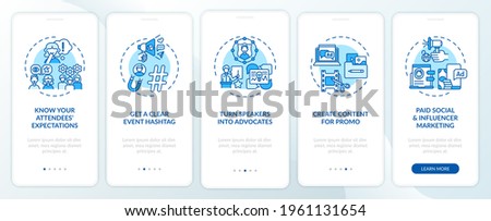 Virtual event marketing tips onboarding mobile app page screen with concepts. Speakers, hashtag walkthrough 5 steps graphic instructions. UI, UX, GUI vector template with linear color illustrations