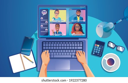 Virtual event People use Video conference landing Working Businessman on window screen taking with colleagues. Videoconferencing and online meeting workspace page, man and woman learning Vector, Flat