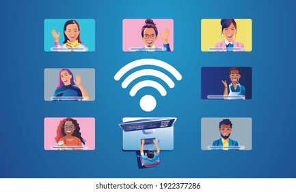 Virtual Event People Use Video Conference Landing Working Businessman On Window Screen Taking With Colleagues. Videoconferencing And Online Meeting Workspace Page, Man And Woman Learning Vector, Flat