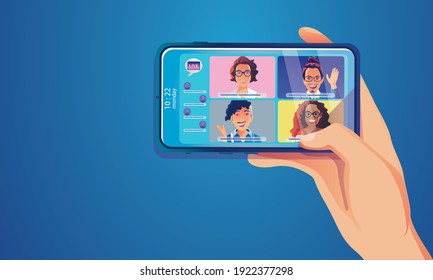 Virtual event People use Video conference landing Working Businessman on window screen taking with colleagues. Videoconferencing and online meeting workspace page, man and woman learning Vector, Flat