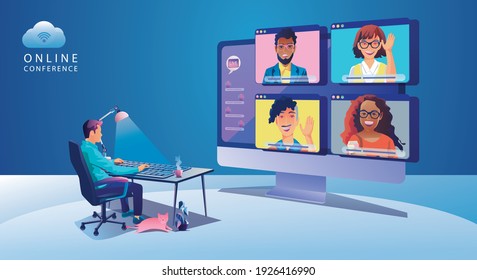 Virtual Event People Use Video Conference Landing Working Businessman On Window Screen Taking With Colleagues. Videoconferencing And Online Meeting Workspace Page, Man And Woman Learning Vector, Flat