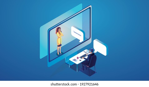 Virtual event People use Video conference landing Working Businessman on window screen taking with colleagues. Videoconferencing and online meeting workspace page, man and woman learning Vector, Flat