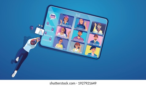 Virtual Event People Use Video Conference Landing Working Businessman On Window Screen Taking With Colleagues. Videoconferencing And Online Meeting Workspace Page, Man And Woman Learning Vector, Flat