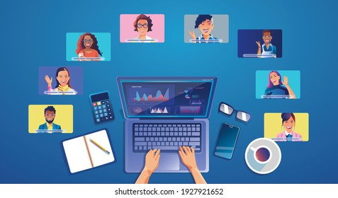 Virtual Event People Use Video Conference Landing Working Businessman On Window Screen Taking With Colleagues. Videoconferencing And Online Meeting Workspace Page, Man And Woman Learning Vector, Flat