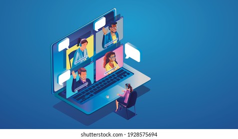 Virtual Event People Use Video Conference Landing Working Businessman On Window Screen Taking With Colleagues.Isometric Videoconferencing And Online Meeting Workspace Page, Man And Woman Learning 