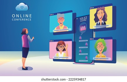 Virtual event People use Video conference landing Working Businessman on window screen taking with colleagues. Videoconferencing and online meeting workspace page, man and woman learning Vector, Flat