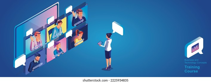 Virtual event People use Video conference landing Working Businessman on window screen taking with colleagues. Videoconferencing and online meeting workspace page, man and woman learning Vector, Flat